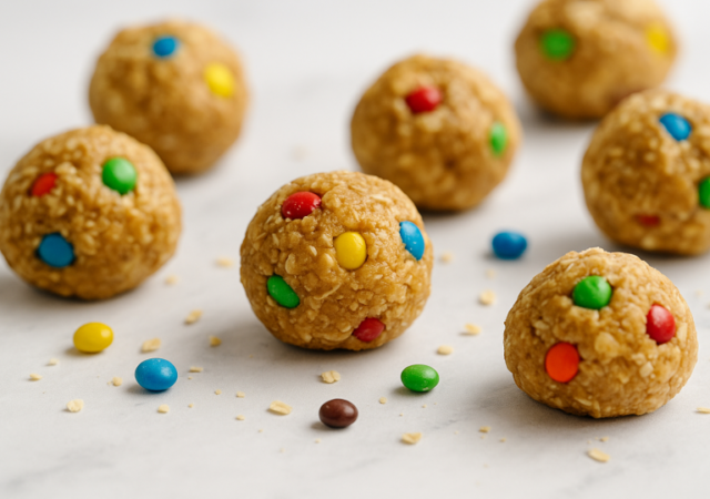 monster cookie energy balls made with peanut butter, oatmeal, M&Ms