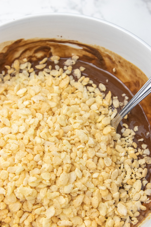rice crispies in a bowl with chocolate