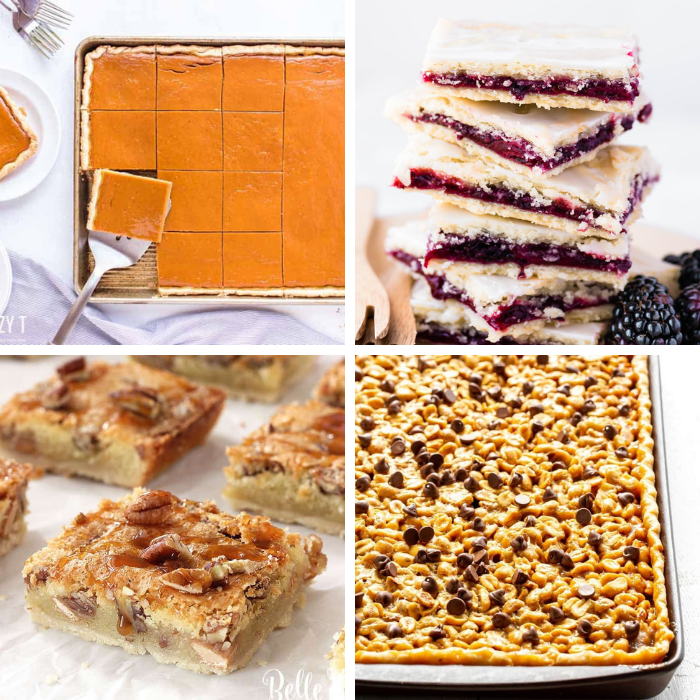 Try out one or more of these slab pie dessert recipes! Easy and quick ways to make a dessert that feeds a crowd, with minimal effort! #passion4savings #pie #slab #sheetpan #dessert #foracrowd #party #potluck #dessertrecipe #ideas #fun #delicious slap pie desserts in a collage