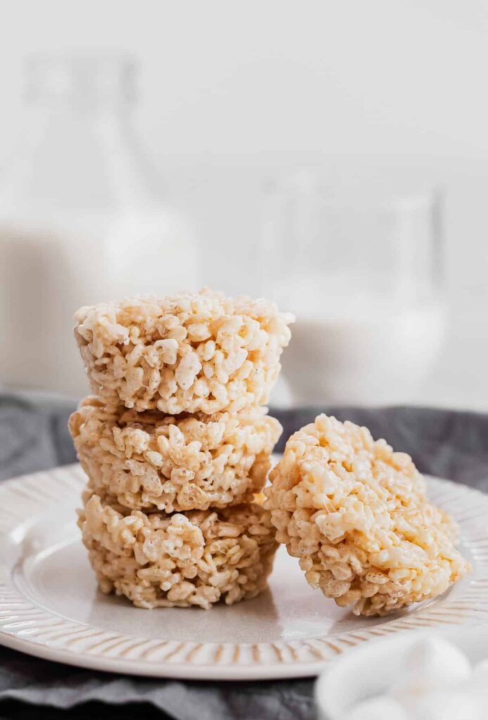 stacked rice krispies treats on plate 
