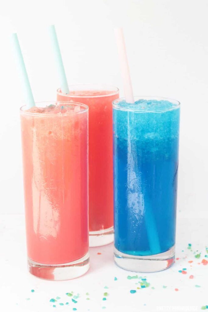 slushies on table, pink and blue