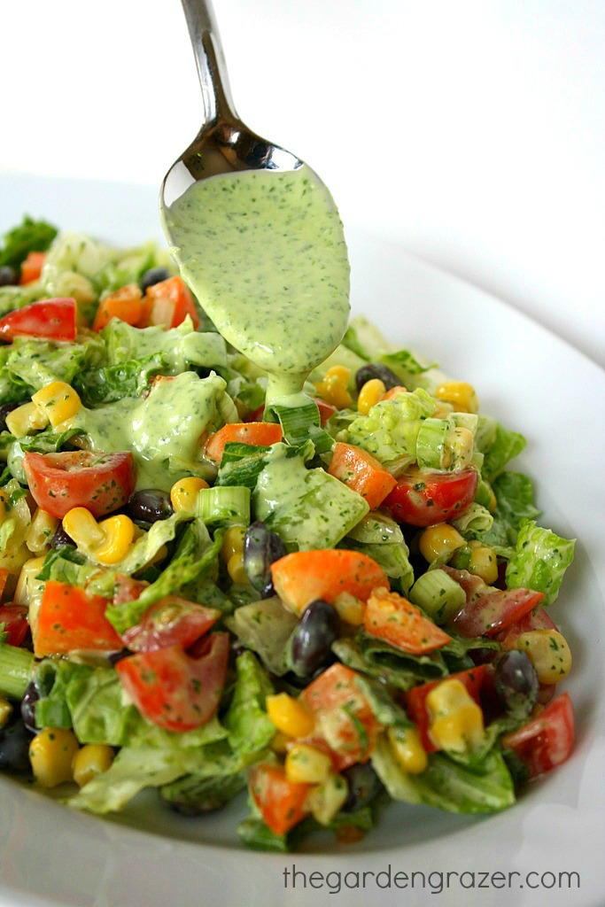 Southwestern salad with spoon pouring dressing over it 