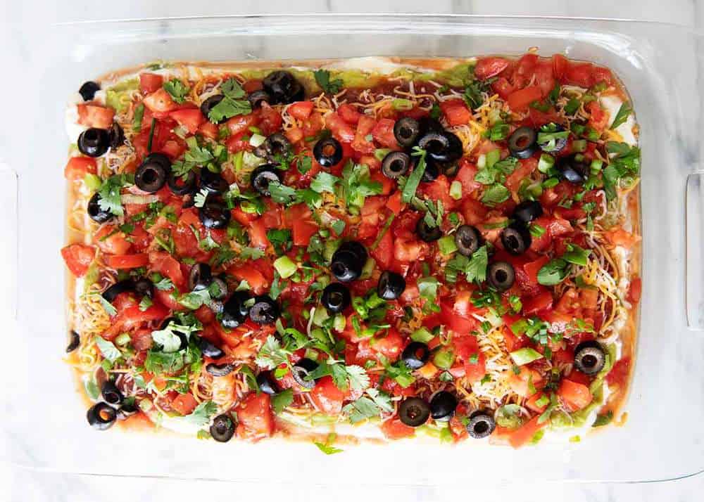 taco dip in a baking dish 