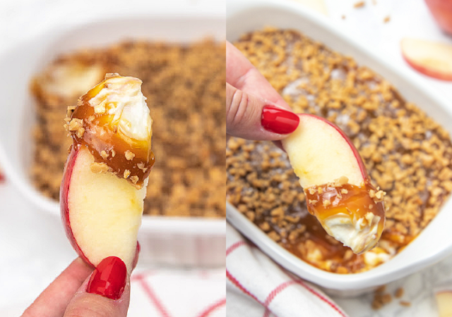 holding apple in hand with dip, and dipping in caramel sauce