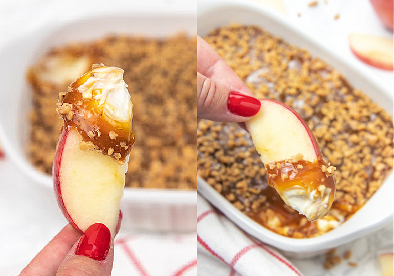 holding apple in hand with dip, and dipping in caramel sauce