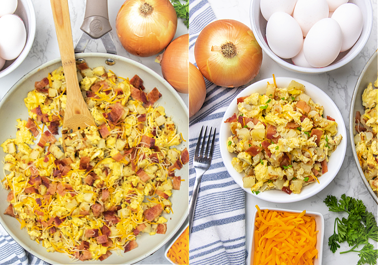 picture of breakfast hash in pan and plate