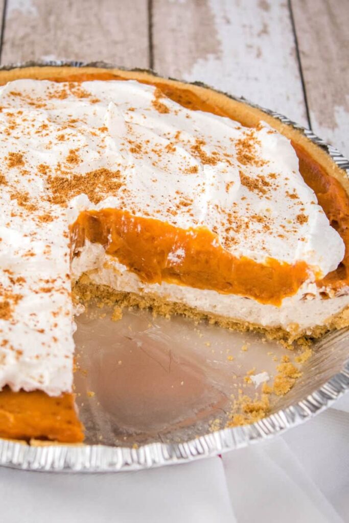 layred pumpkin pie in a throw away aluminum pan 
