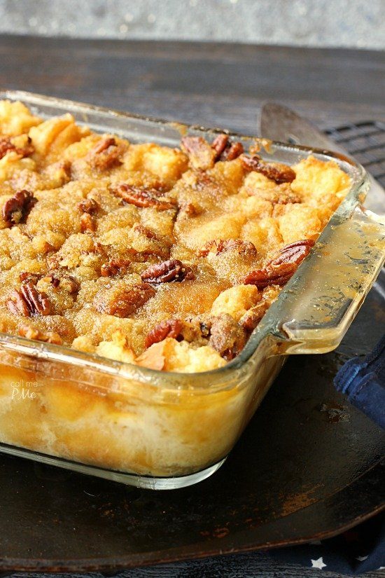 bread pudding in a glass baking dish 