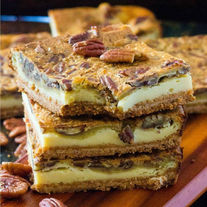 pecan pie bars stacked on each other 