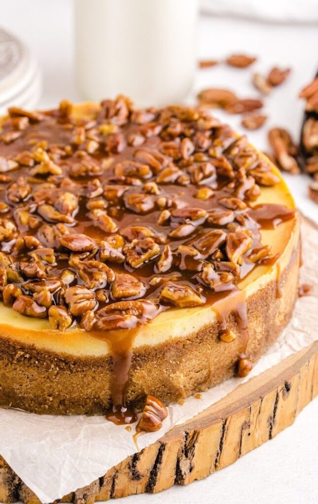 pecan pie cheesecake on platter 
