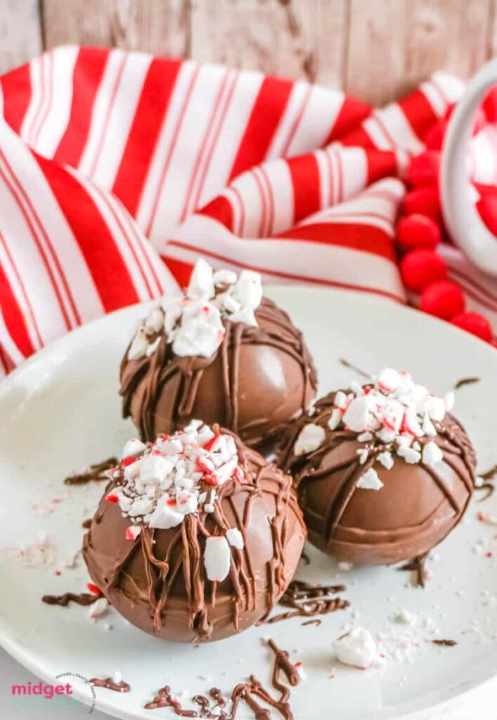 chocolate peppermint hot chocolate balls on plate 