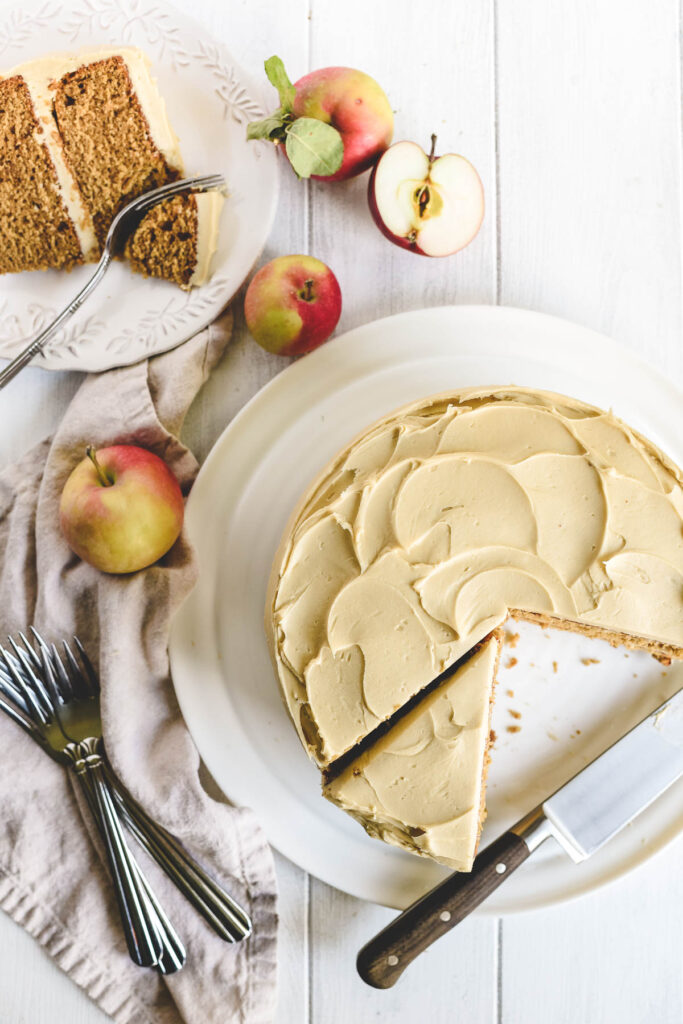 apple butter cake partly sliced 