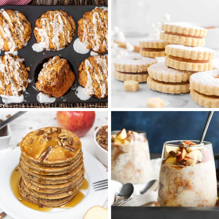 Slice and serve up one or more of these apple butter recipes. From breakfast recipes, desserts and more. Warm apple butter spices in each one. #passion4savings #apple #applebutter #dessert #breakfast #fall #autumn #holiday #foracrowd #baking #dessertideas #breakfastrecipes 4 picture collage of apple butter recipes