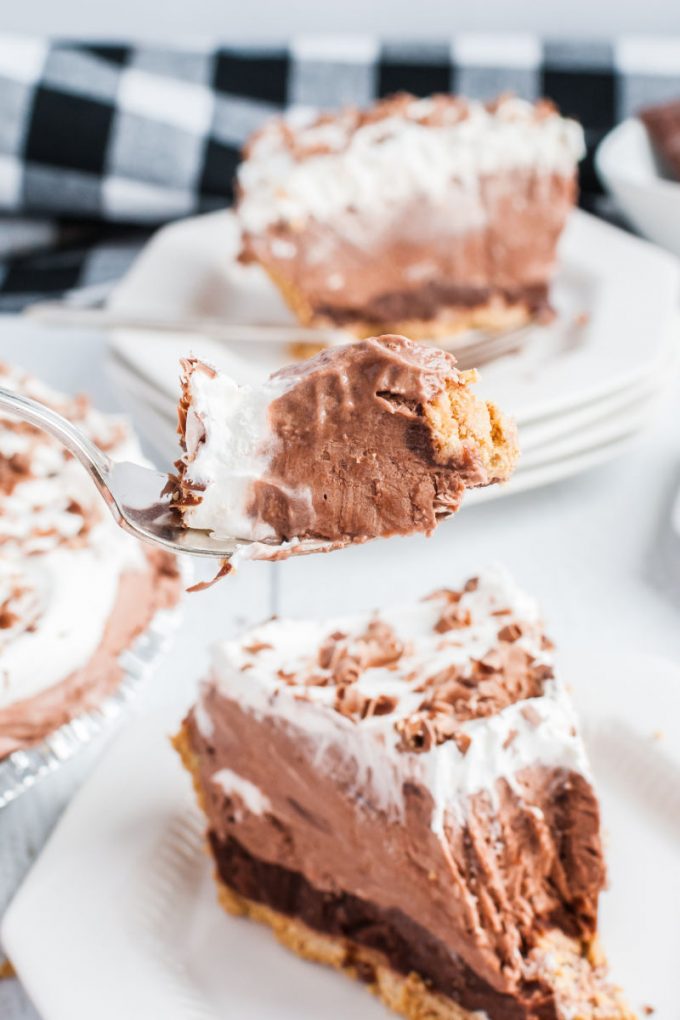 slice of chocolate pudding pie on plate with fork bite 