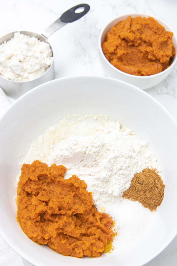 pumpkin puree, bisquick, and ingredients in white bowl 