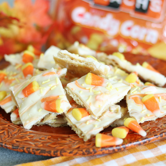 tray of candy corn chocolate bark