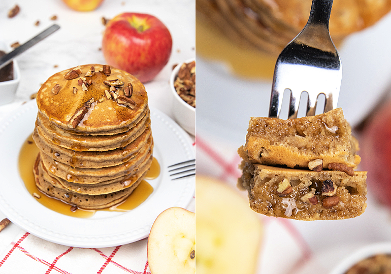 collage image of apple butter pancakes on a plate