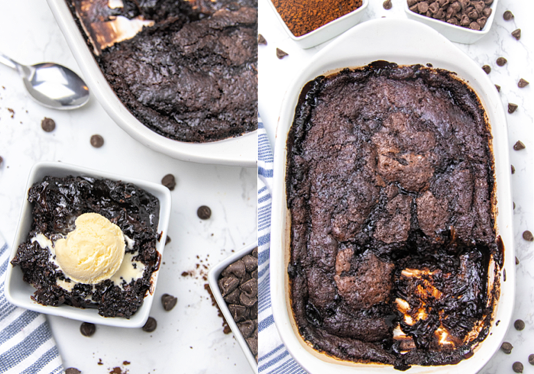 collage of a chocolate pudding cake images