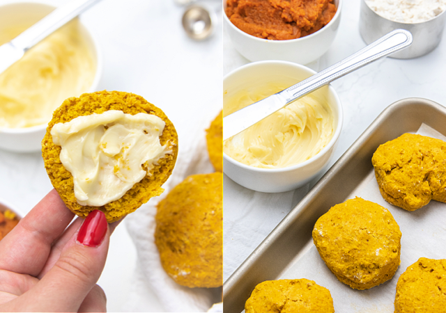 pumpkin biscuit with butter slathered on it