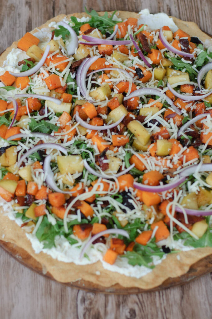 overhead shot of pumpkin pizza 
