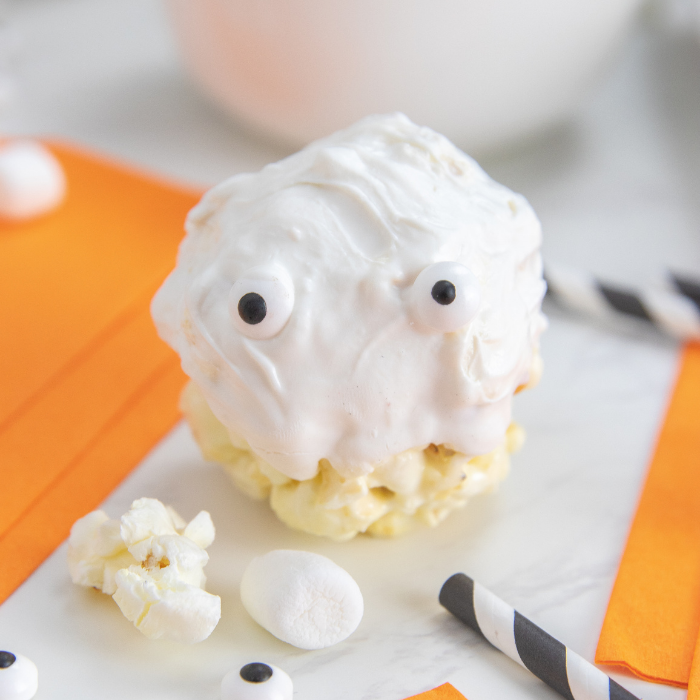 ghost popcorn ball on counter