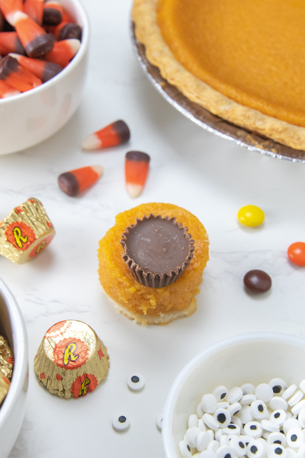 Mini Pumpkin Pie Turkeys are a simple and easy Thanksgiving dessert that are adorable. A round pumpkin pie topped with candies to look like a turkey. A fun and cute Thanksgiving treat for kids and adults. #passion4savings #dessert #thanksgiving #easy #fun #kid #holiday #simple #treatrecipe pumpkin pie with reese's stuck on top