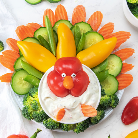 Thanksgiving veggie tray ins shape of turkey on platter