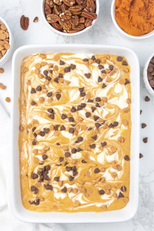 earthquake cake batter overhead shot of raw cake