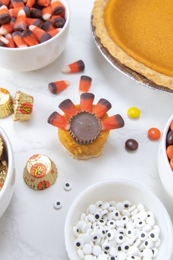 Mini Pumpkin Pie Turkeys are a simple and easy Thanksgiving dessert that are adorable. A round pumpkin pie topped with candies to look like a turkey. A fun and cute Thanksgiving treat for kids and adults. #passion4savings #dessert #thanksgiving #easy #fun #kid #holiday #simple #treatrecipe turkey shaped pumpkin dessert
