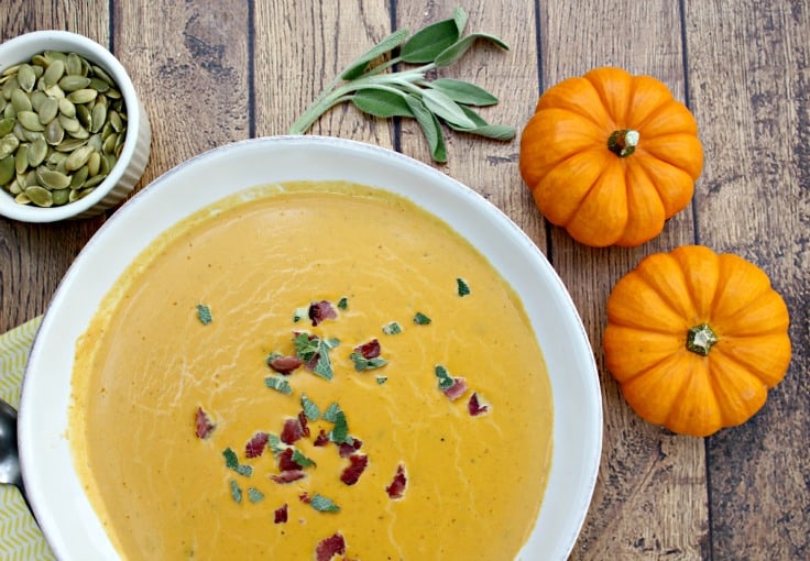 paleo soup overhead shot in bowl with sage and pumpkins around the bowl 