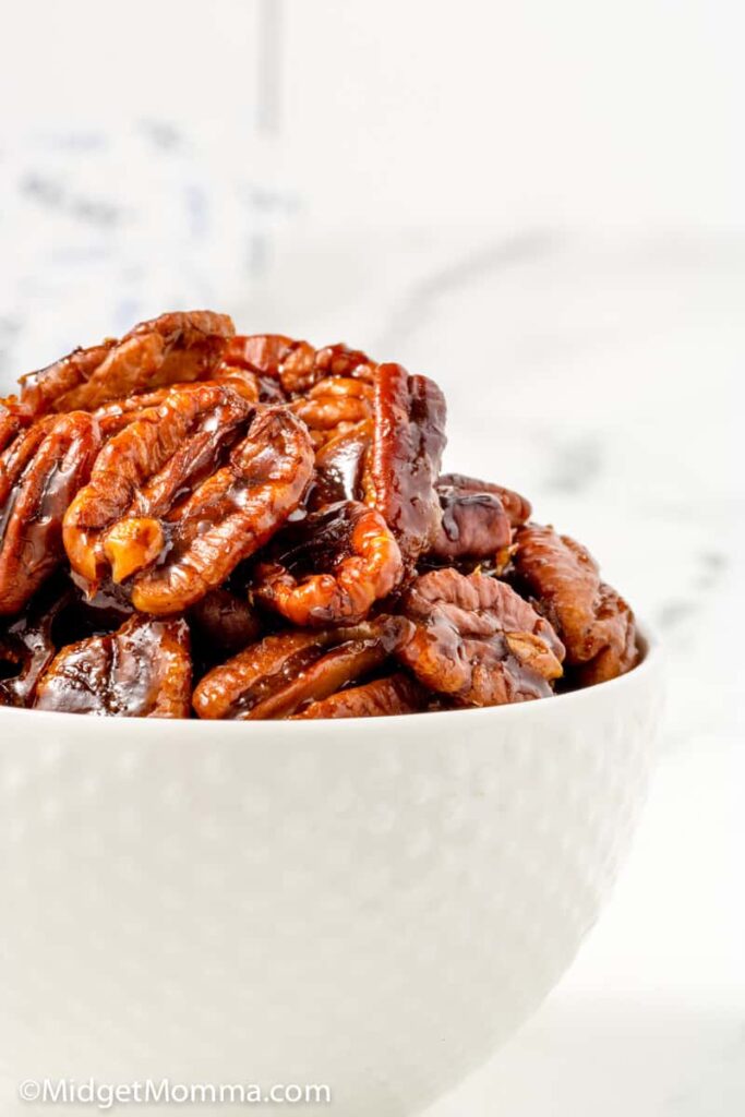 brown sugar candied pecans in a bowl 
