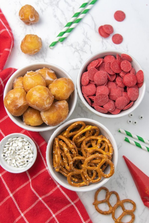 overhead shot of donuts, pretzels, and more