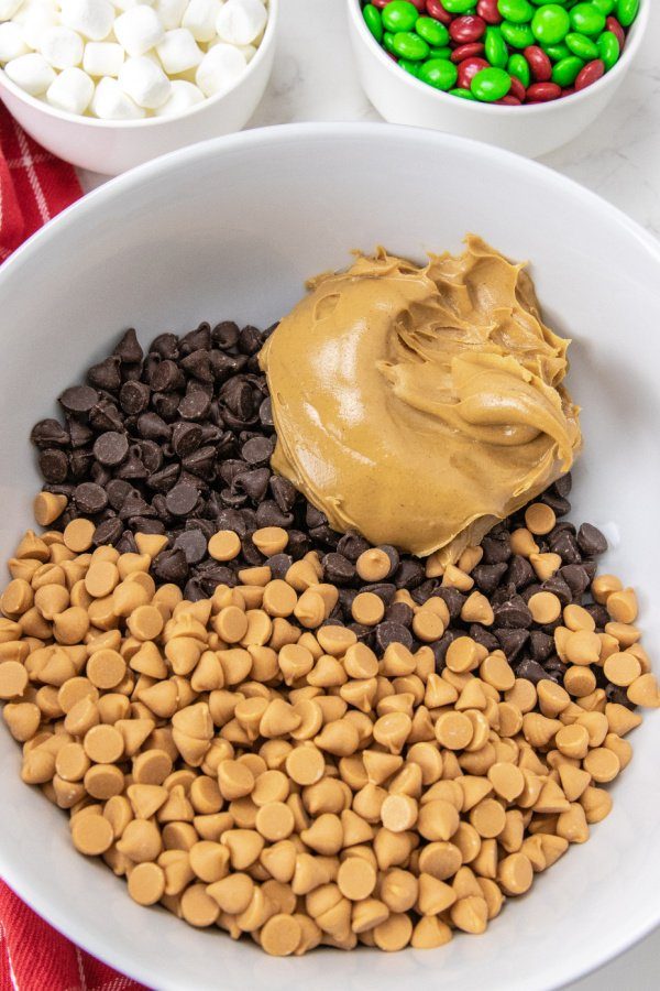 chocolate chips and peanut butter in bowl 