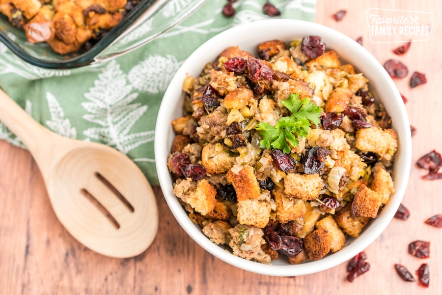 cranberry sausage stuffing in a bowl 