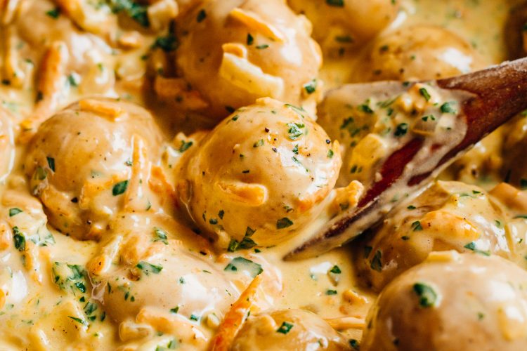 creamy baby potatoes in a pot 