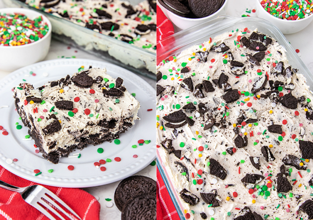 Oreo cheesecake bars on a collage image