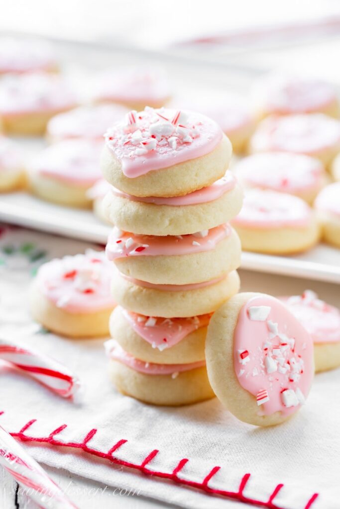 peppermint meltaway cookies stacked on top of each other 