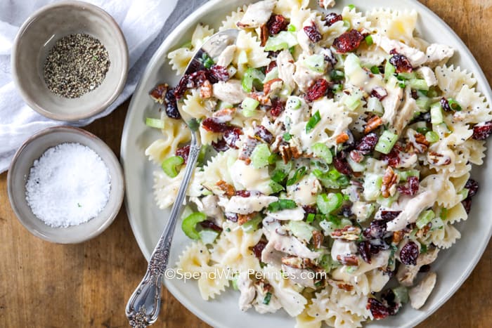 turkey and cranberry pasta salad in a bowl 