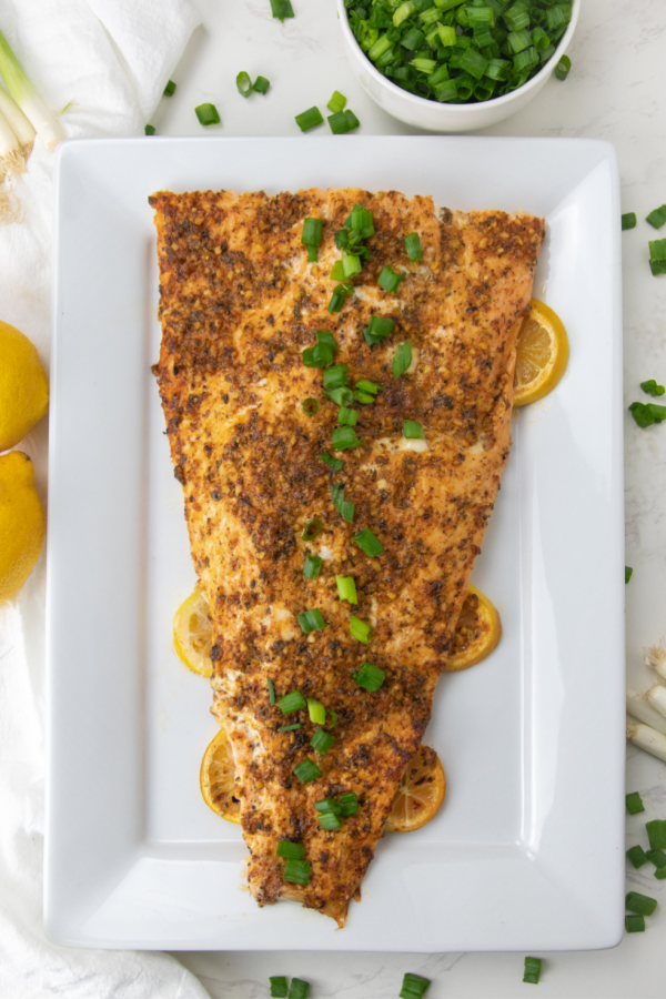 salmon on a platter overhead shot 