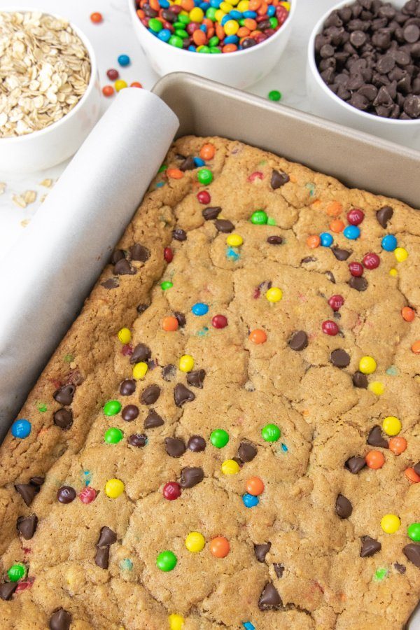 overhead shot of cookie bars in a pan