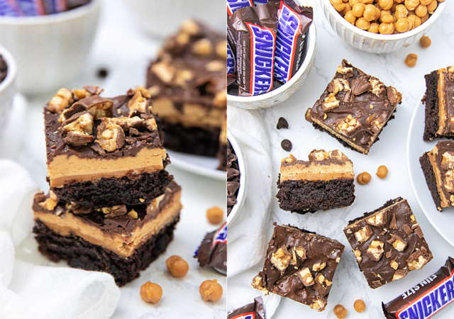 collage of snicker brownies