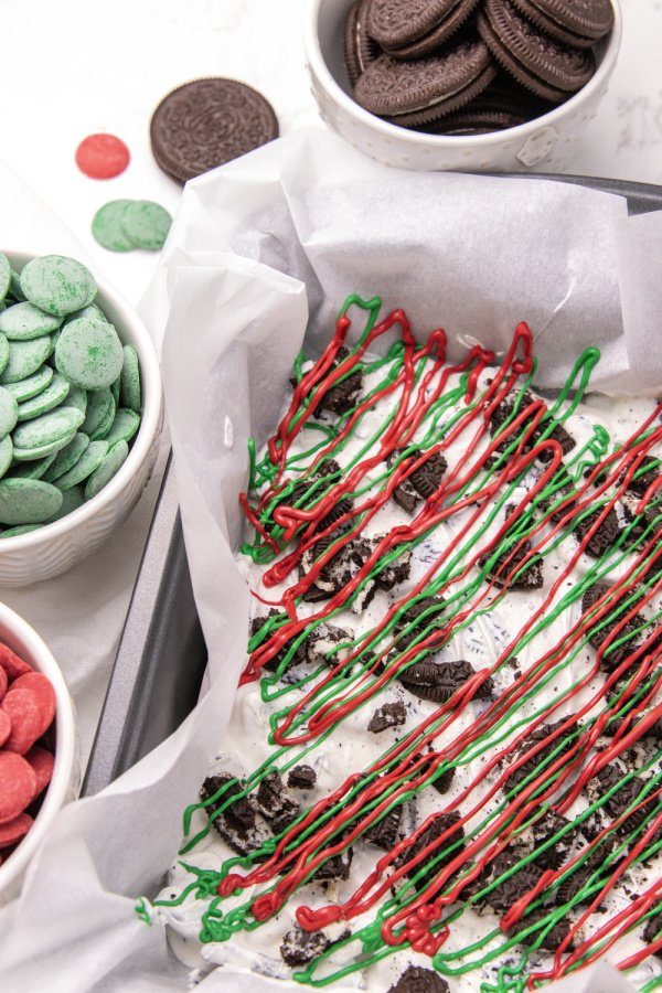 Oreo cookie bark in baking sheet 