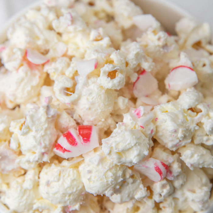 holiday popcorn close up with mints in it 