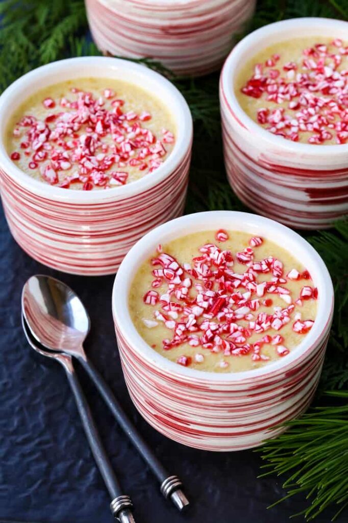 bowls of peppermint eggnog in a bowl