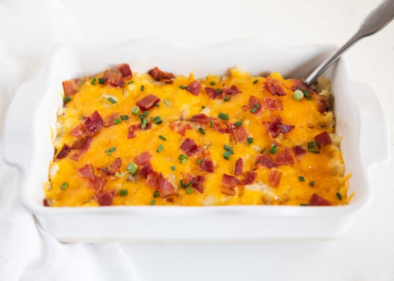 potato casserole topped with bacon and cheese 