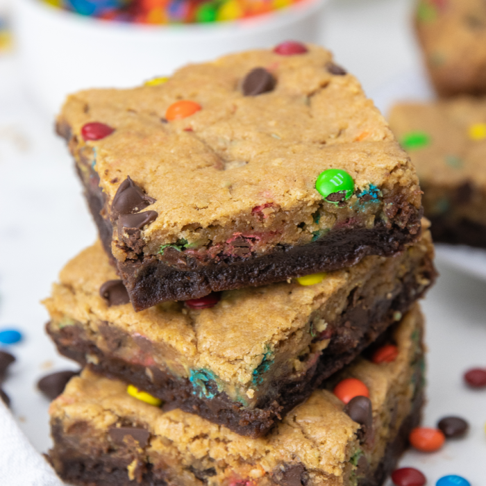 stacked brownie bars on table 
