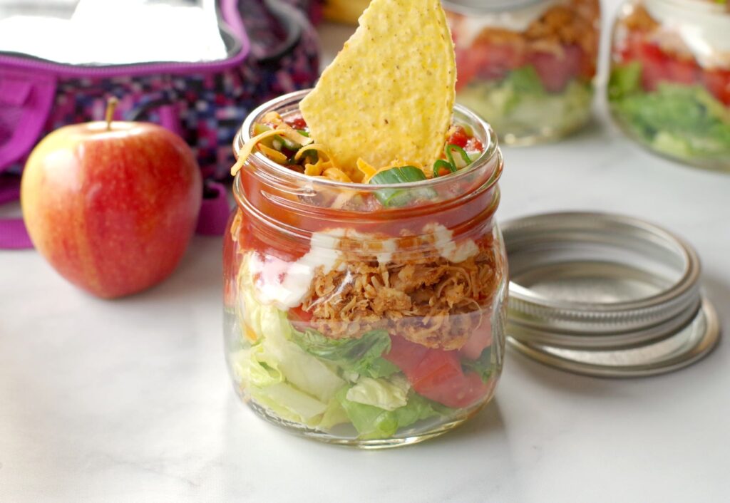 chicken taco salad in a mason jar 