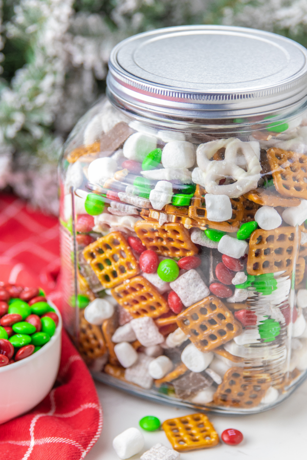 jar with christmas snack mix 