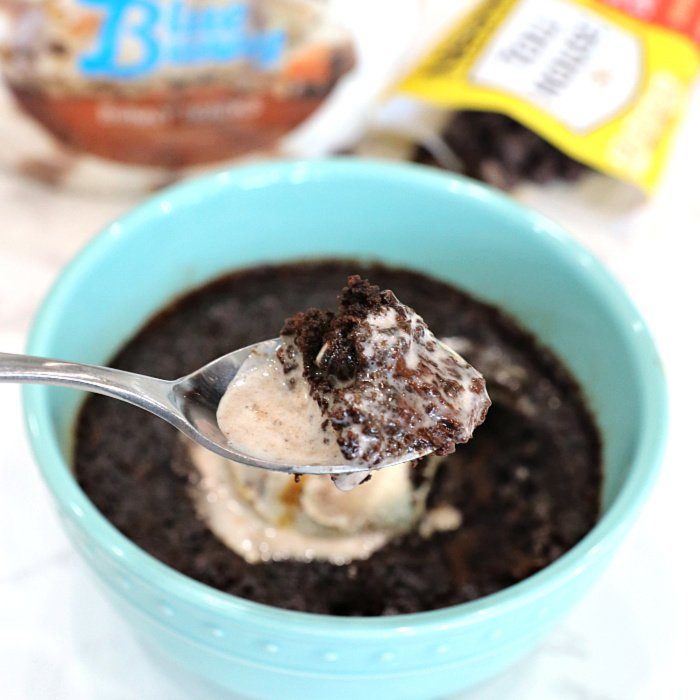 spoon with brownie and ice cream 