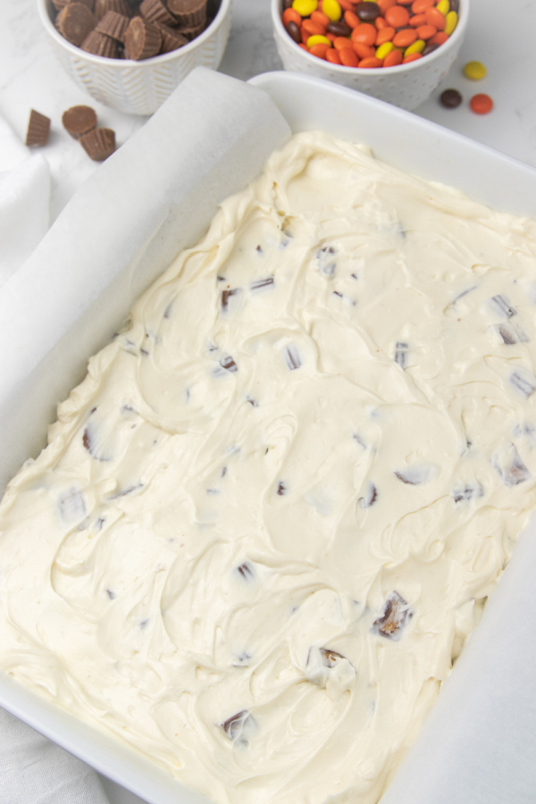 Brownie Reese's Cheesecake Bars is a layered brownie with two types of Reese's inside. A peanut butter and chocolate lovers dessert idea! A must make peanut butter brownie with cheesecake. #passion4savings #peanutbutter #brownie #cheesecake #easy #dessert side view of cheesecake brownies in a pan